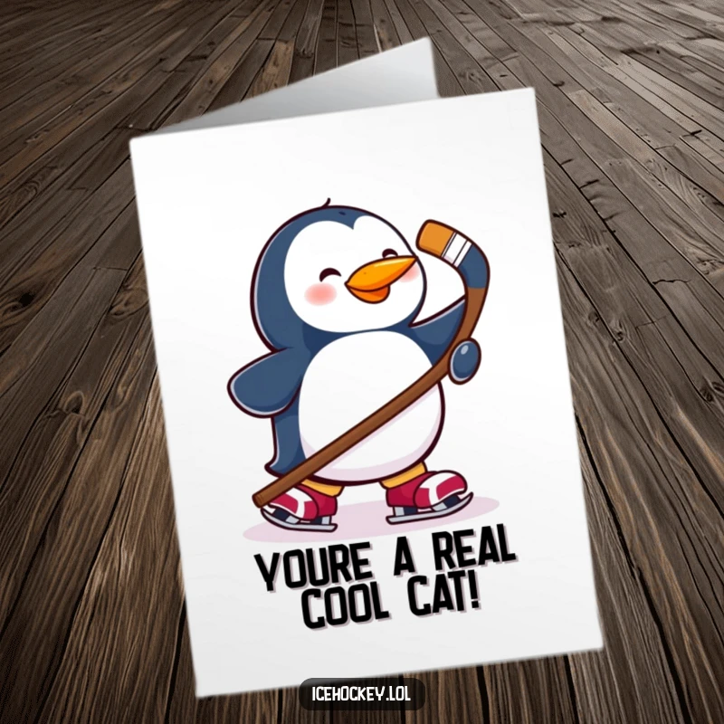 Funny Free Printable Congrats Card: A cheerful penguin in skates holds a hockey stick, celebrating a big win with icy enthusiasm.