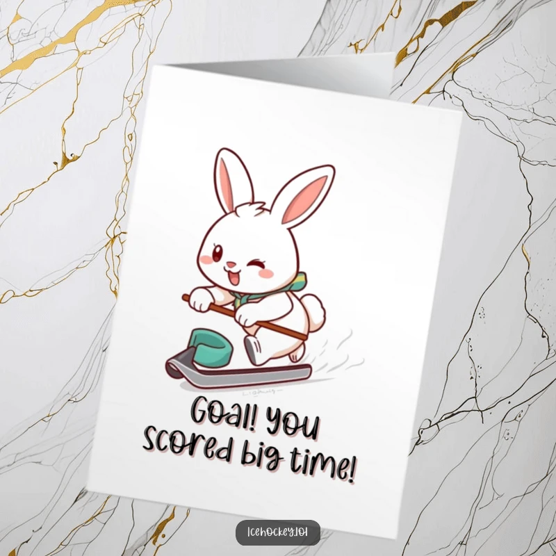 Funny Free Printable Congrats Card: Determined hockey bunny player smiling, gliding fast with a puck, celebrating a win.