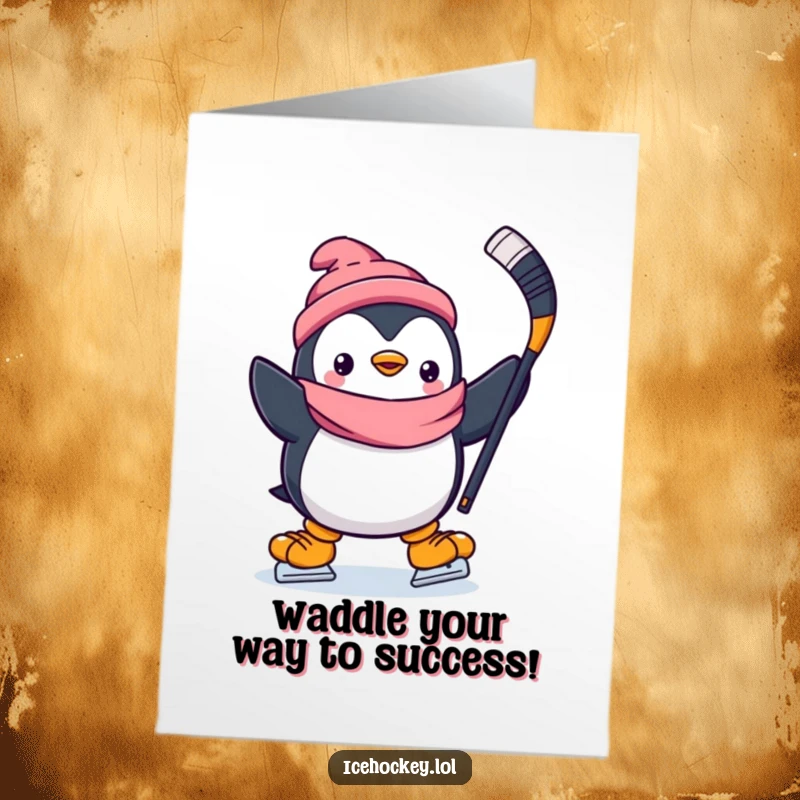 Funny Free Printable Congratulations Card: A happy penguin player with a hockey stick raised high, celebrating a win.