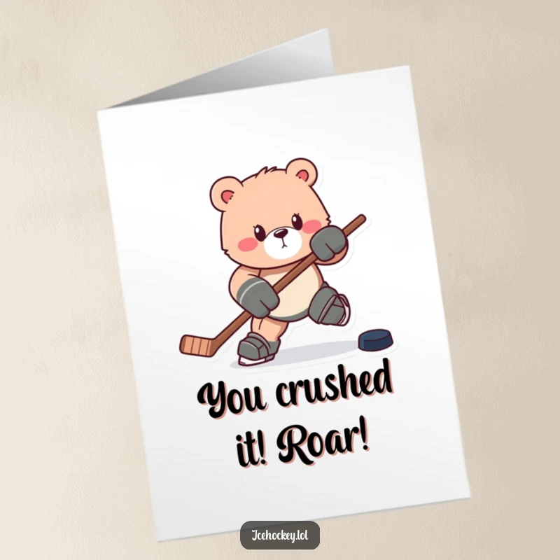 Funny Free Printable Congratulations Card: A determined bear skates with a hockey stick and puck, celebrating victory.