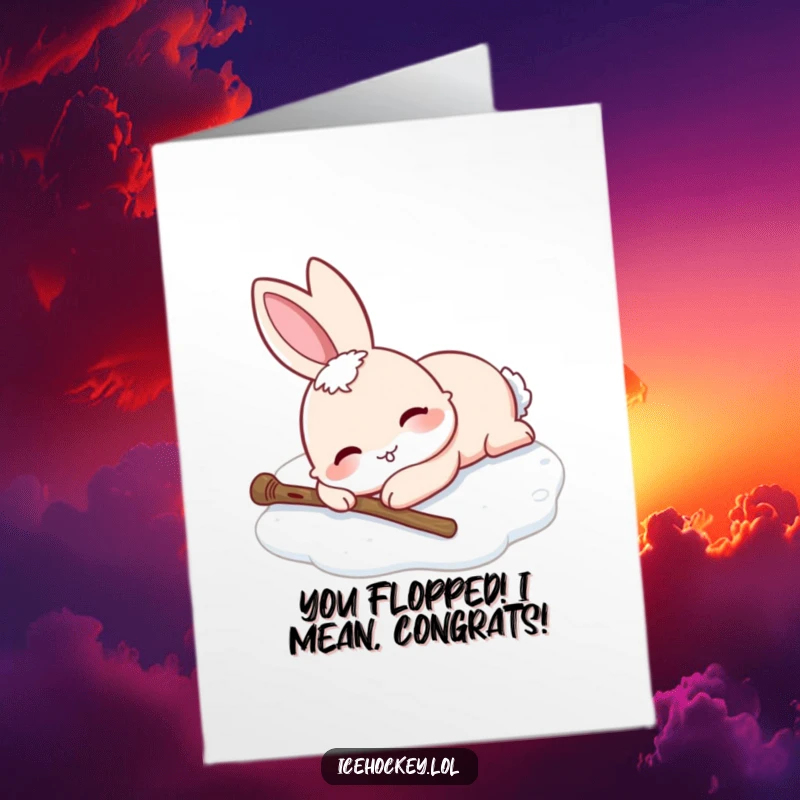 Funny Free Printable Congrats Card: Rabbit cheerfully sprawled on ice after a fall, stick is dropped, a unique greeting