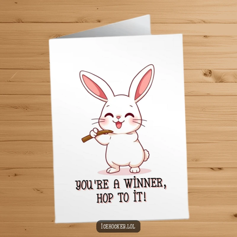 Funny Free Printable Congratulations Card: Happy rabbit performing a hockey check with its stick, celebrating a win.