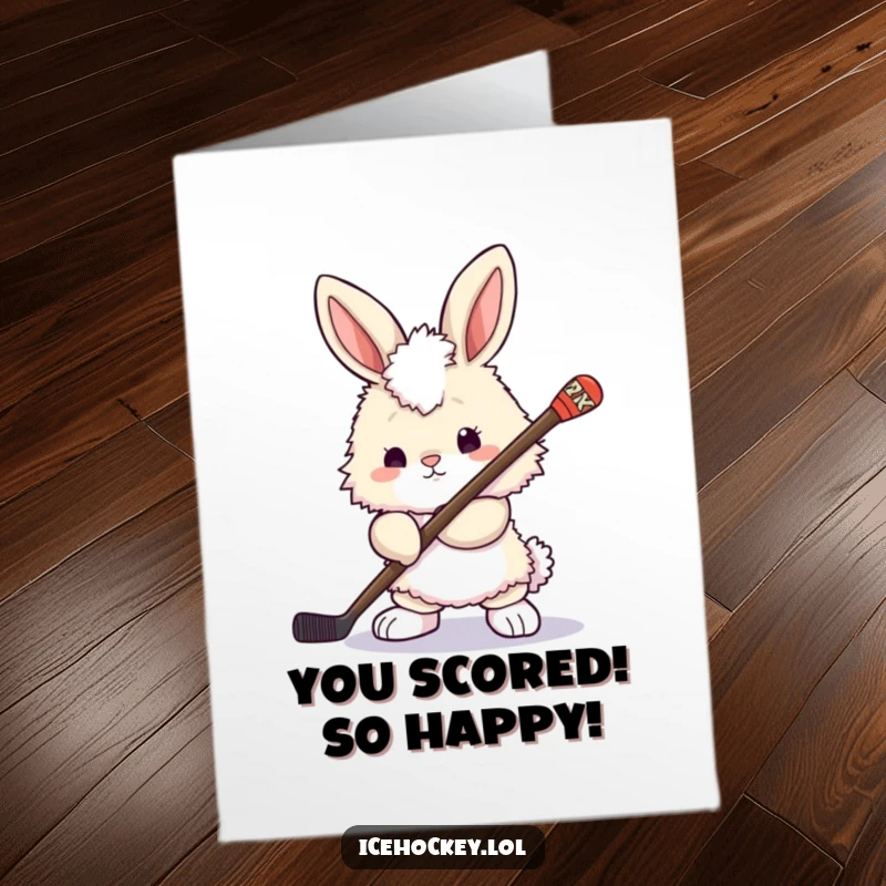 Funny Free Printable Congrats Card: A fluffy bunny holds a hockey stick, looking victorious and ready to celebrate a win.