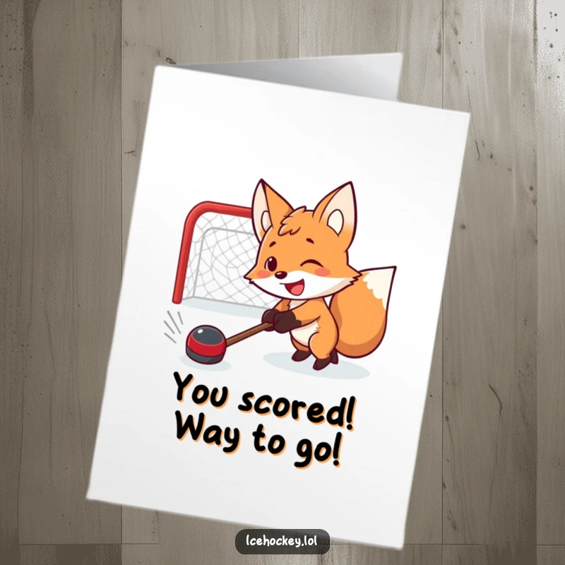 Funny Free Printable Congratulations Card: Determined fox hockey player shooting a puck, celebrating a big win.