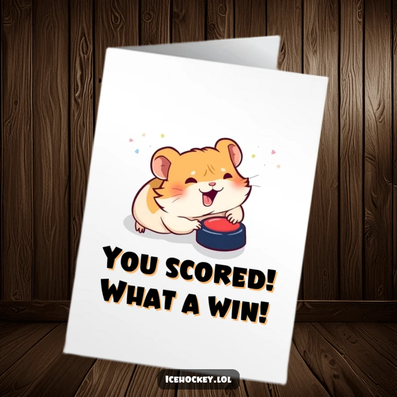 Funny Free Printable Congratulations Card: A giggling hamster scores a goal on the ice with its hockey stick, pure celebration.