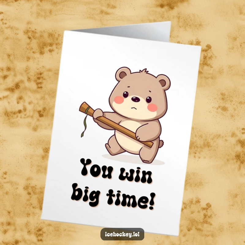 Funny Free Printable Congratulations Card: A proud bear acting as goalie, defending the net with a stick.