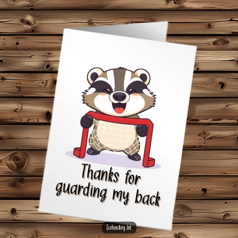 Funny Free Printable Thank You Card: A giggling badger fiercely defends a tiny hockey net, offering thanks.