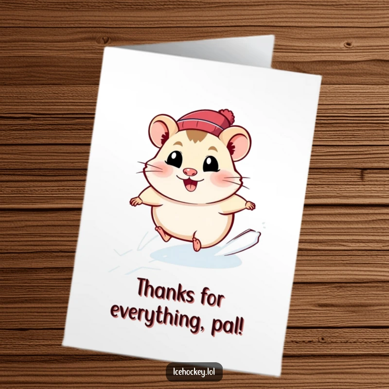 Funny Free Printable Thank You Card: A smiling hamster speeds across the ice, expressing thanks with a joyful race.
