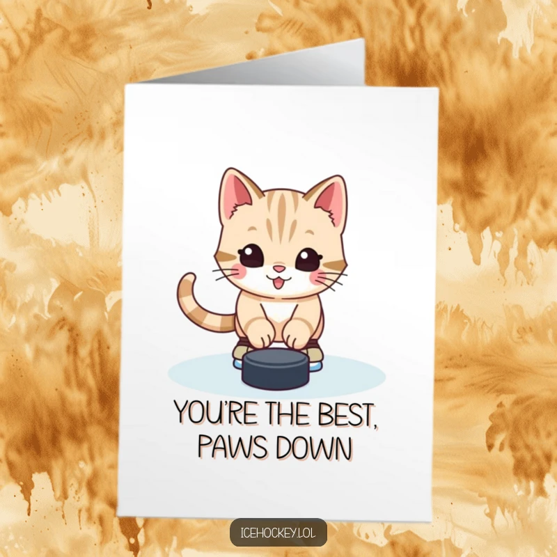 Funny Free Printable Thank You Card: Cute alert kitten goalie stopping a hockey puck with skates, expressing thanks.