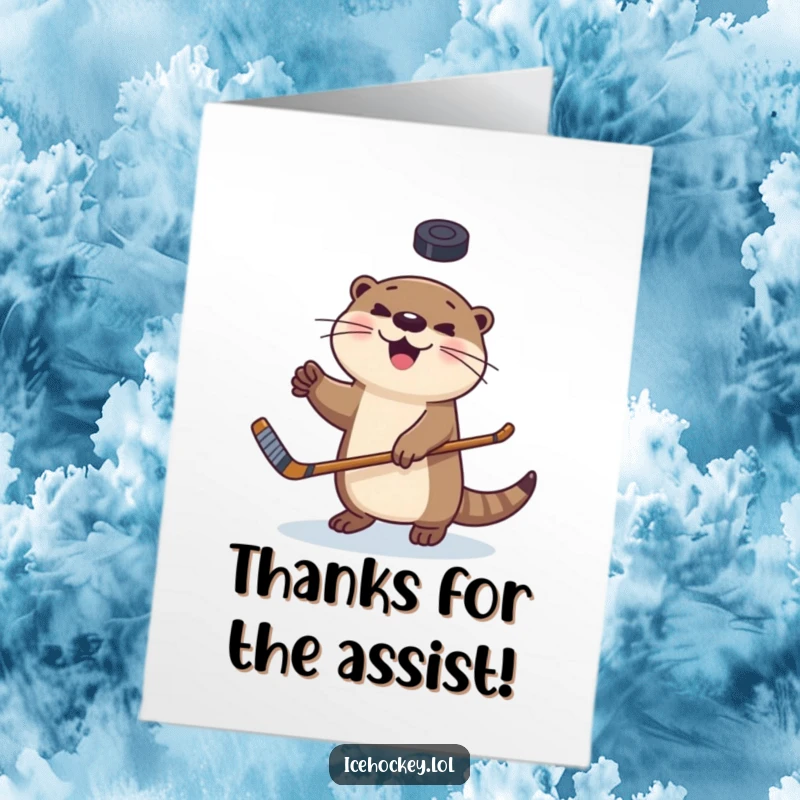 Funny Free Printable Thank You Card: A happy otter demonstrates impressive hockey skills, juggling a puck with a stick, to say thanks.