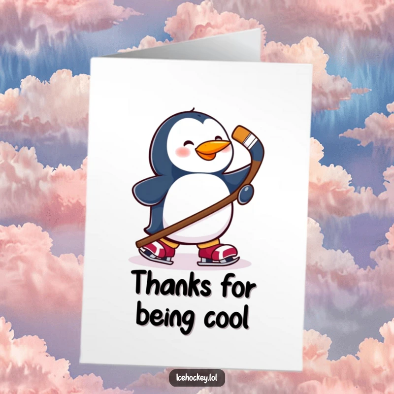 Funny Free Printable Thank You Card: A delighted penguin wearing skates and holding a hockey stick offers a cool thank you message.