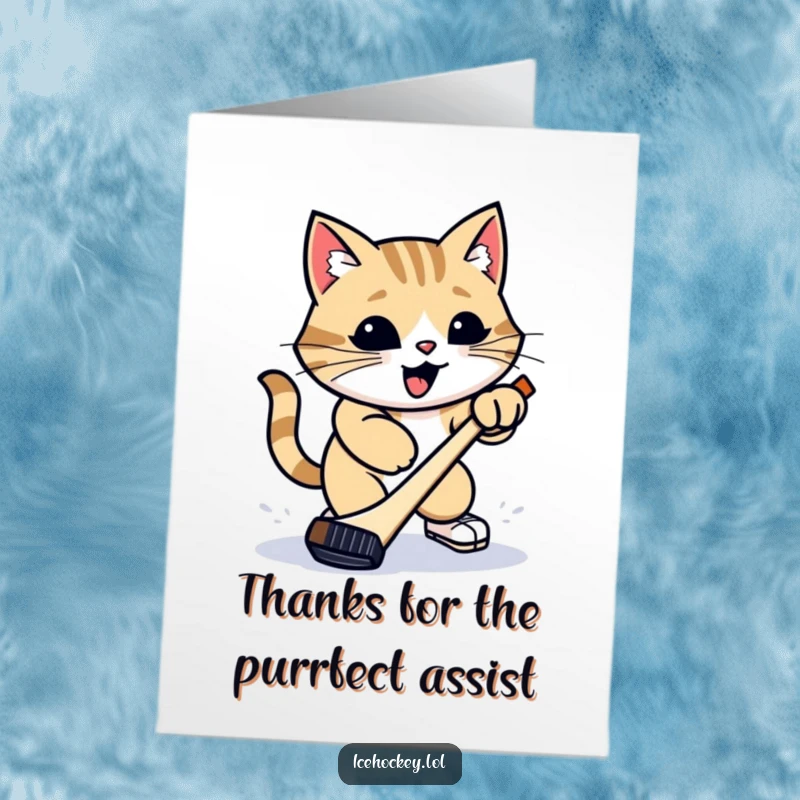 Funny Free Printable Thank You Card of a proud cat poised to take a slap shot with a hockey puck.