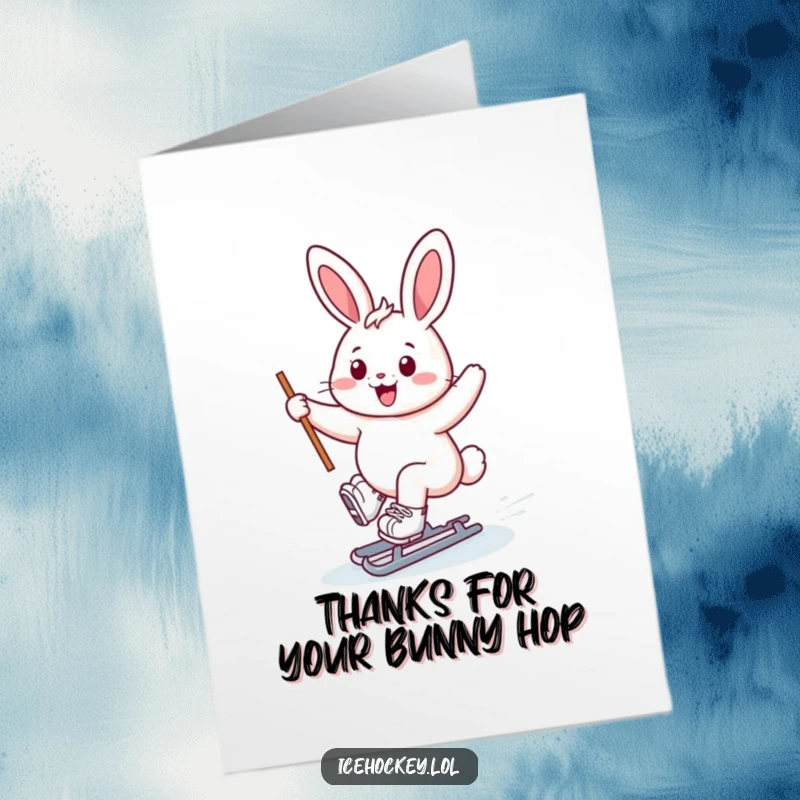 Funny Free Printable Thank You Card: Cheerful bunny on ice skates, holding stick high, smiling thanks.