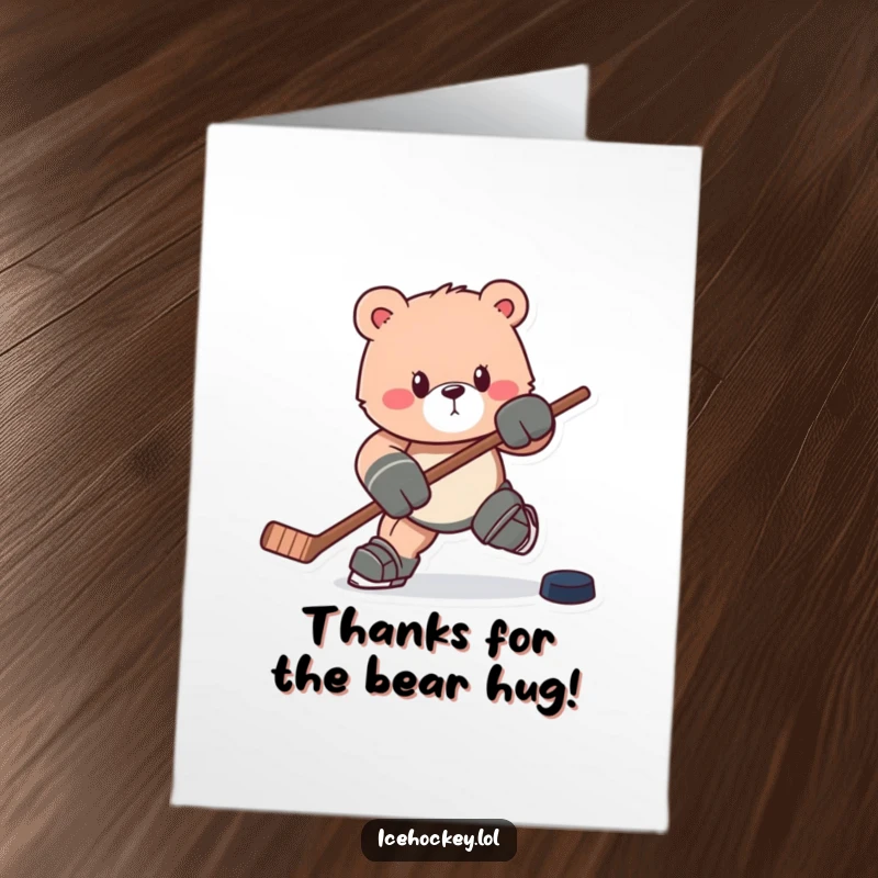 Funny Free Printable Thank You Card: A determined bear charges forward with a hockey stick, a powerful thank you indeed.