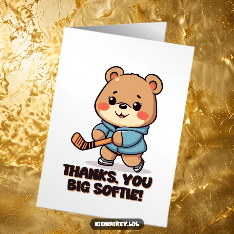 Funny free printable thank you card: A determined bear stick-handles a hockey puck, offering thanks with a smile.