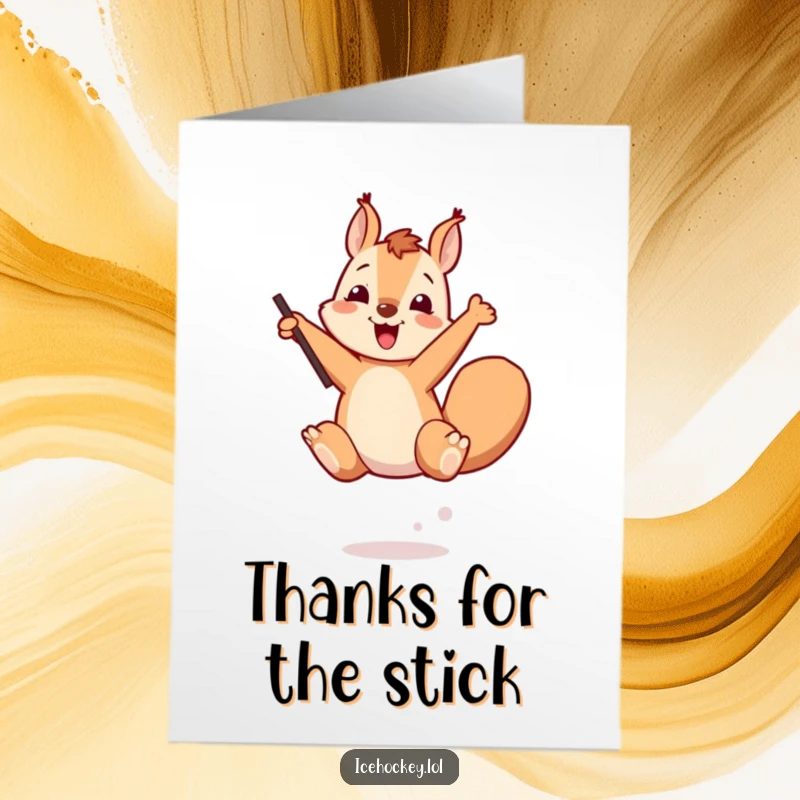 Funny Free Printable Thank You Card: Playful squirrel leaping with a stick, conveying cheerful thanks.