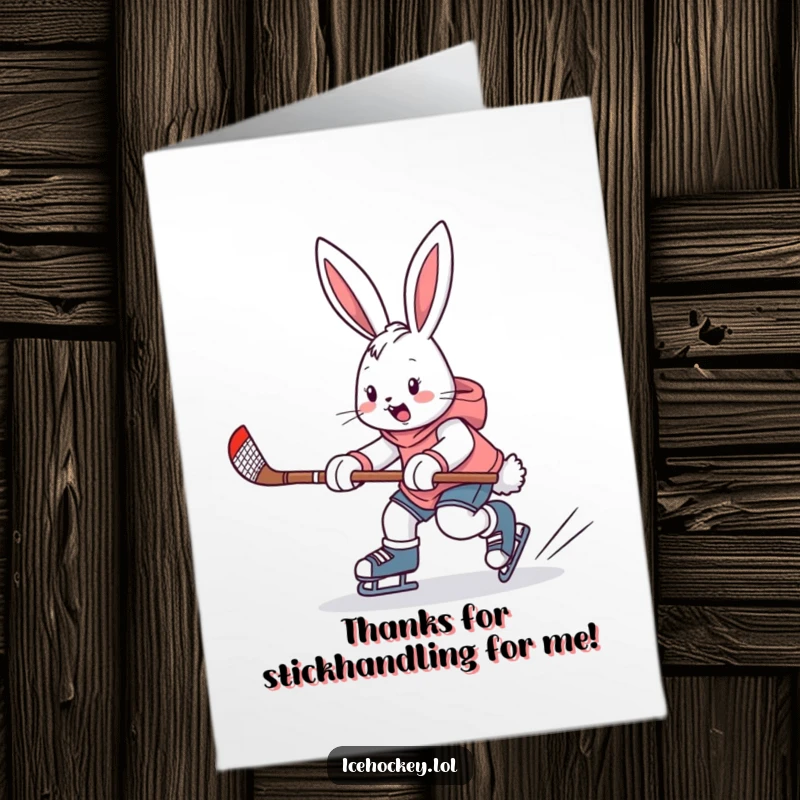 Funny Free Printable Thank You Card: A playful bunny speeds across the ice with a hockey stick.