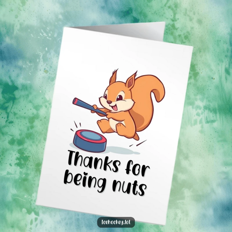 Funny Free Printable Thank You Card: A brave squirrel leaps mid-air, blocking a phantom puck, offering a heroic thank you.