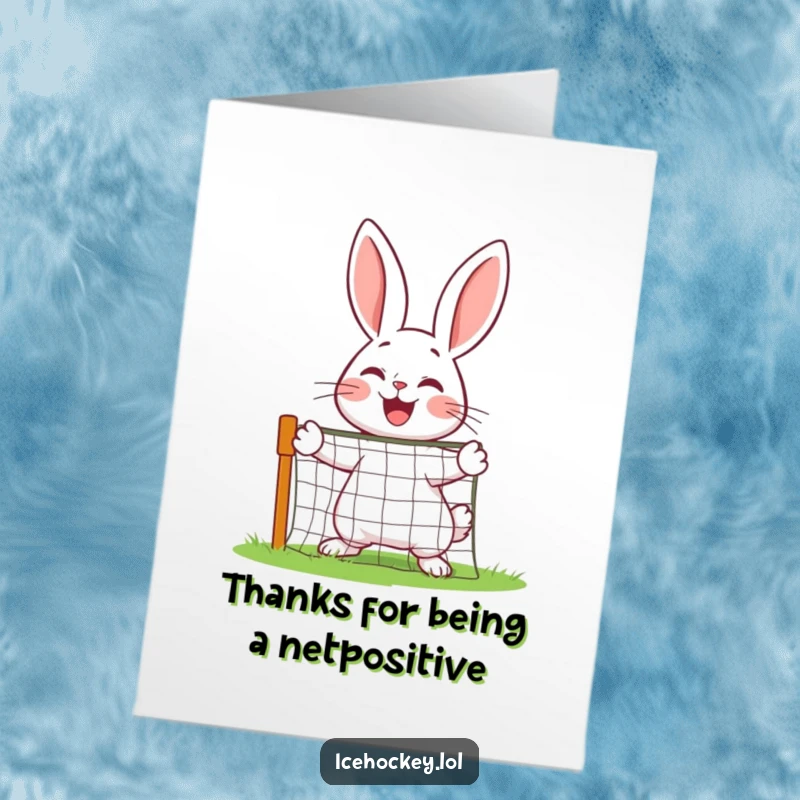 Funny Free Printable Thank You Card: Happy Rabbit Goalie Joyfully Blocking Shots with a Miniature Net, Showing Gratitude
