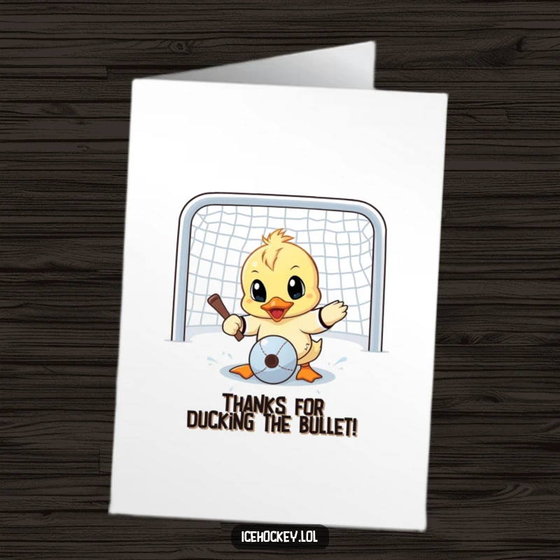 Funny Free Printable Thank You Card: A small duck braces for impact, attempting a heroic goalie save.