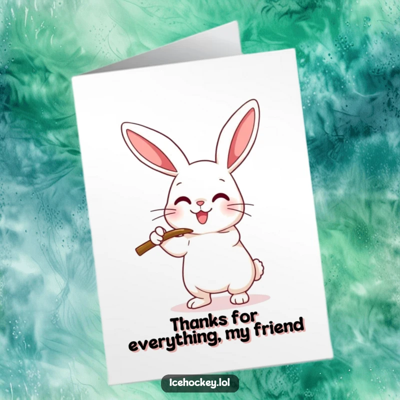 Funny Free Printable Thank You Card: Happy rabbit in a hockey stance, using its stick to check, conveying thanks playfully.