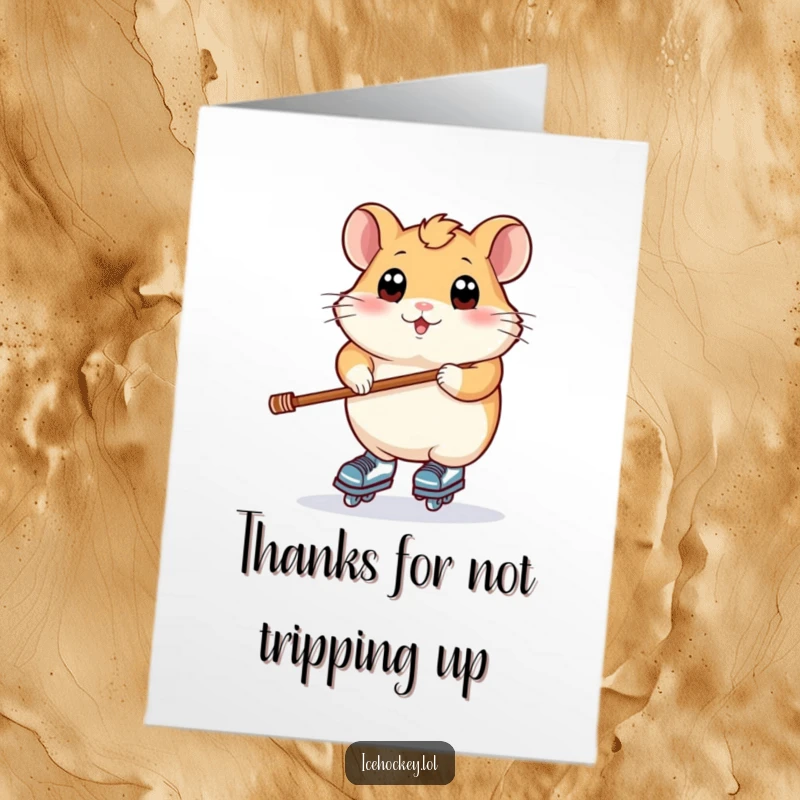 Funny free printable thank you card: a plump hamster with wide eyes wobbling on skates, stick held tight, conveying thanks.