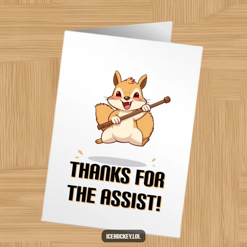 Funny Free Printable Thank You Card: A cheerful squirrel blocking a shot with its stick, saying thanks with spirit.