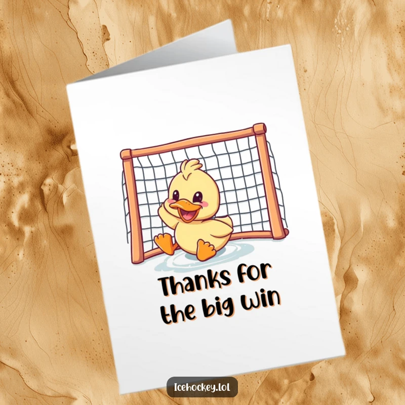 Funny Free Printable Thank You Card: A delighted duck slides enthusiastically, grinning as if scoring a goal to express thanks.