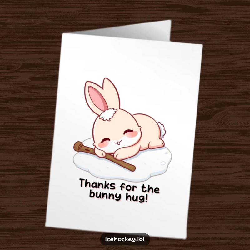 Funny Free Printable Thank You Card: Rabbit sprawled happily on ice, hockey stick beside them, a sweet downloadable