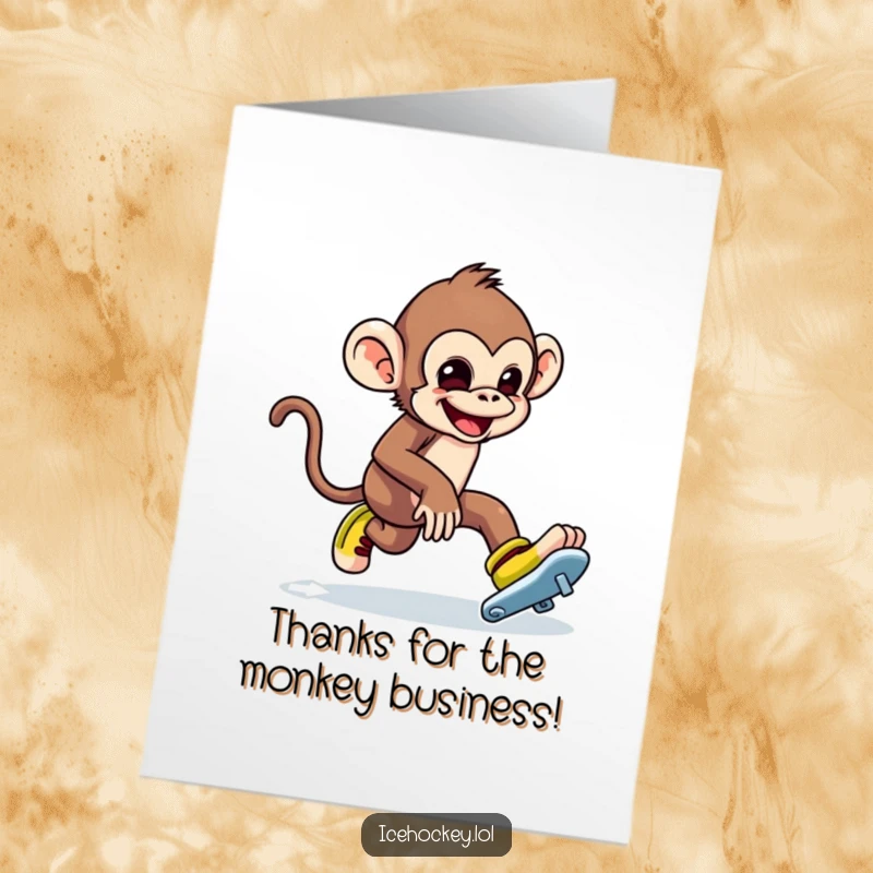 Funny Free Printable Thank You Card: Mischievous monkey tripping and falling on ice skates, a comical downloadable