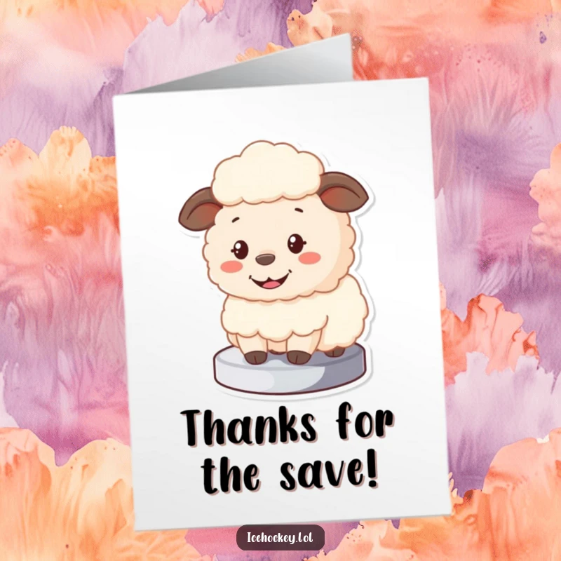 Funny Free Printable Thank You Card: A fluffy sheep proudly blocks a hockey puck with a big smile, showing its thanks.