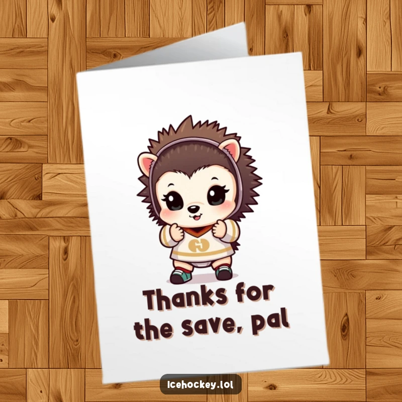 Funny free printable thank you card: a tiny hedgehog goalie, hands up, expressing sincere gratitude for your kindness.