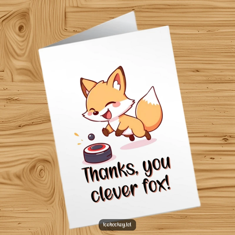 Funny Free Printable Thank You Card: A giggling fox excitedly chases a bouncing puck, offering a playful thank you with a wagging tail.