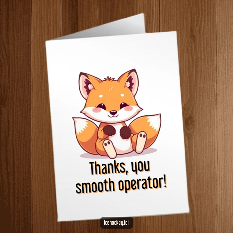 Funny free printable thank you card: A playful fox in tiny pads performs a funny slide, offering thanks with flair.