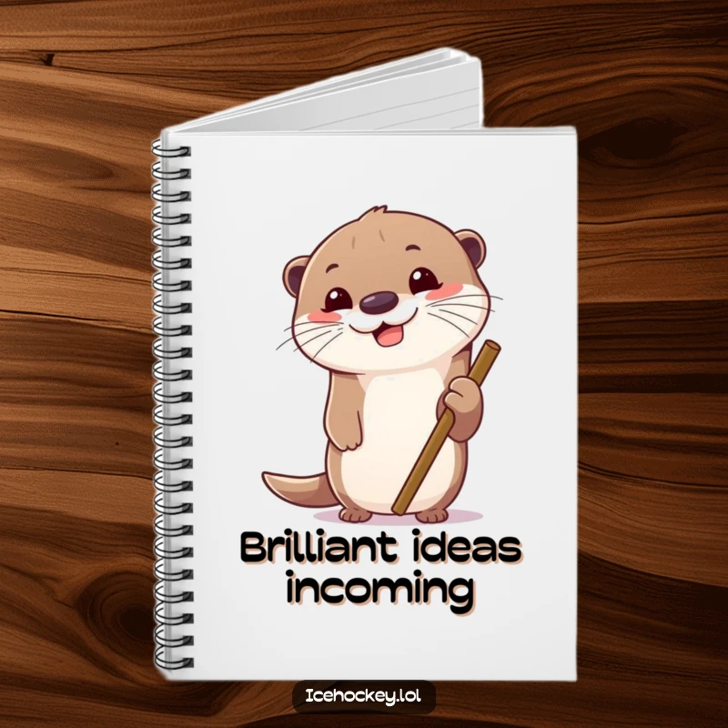 Funny notebook cover with a cheerful otter gripping a hockey stick, looking focused. Whimsical design.