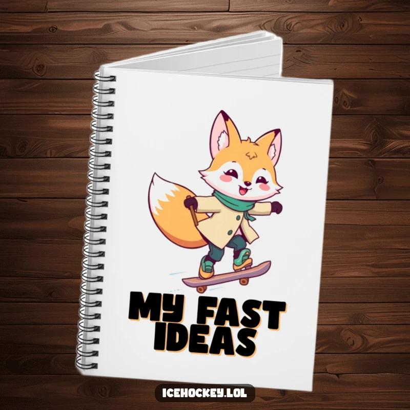Funny Notebook with a joyful fox skating rapidly, stick held high, perfect for jotting down thoughts and doodles.