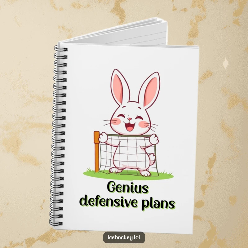 Funny rabbit goalie defending a miniature net with joy on the cover of a notebook.