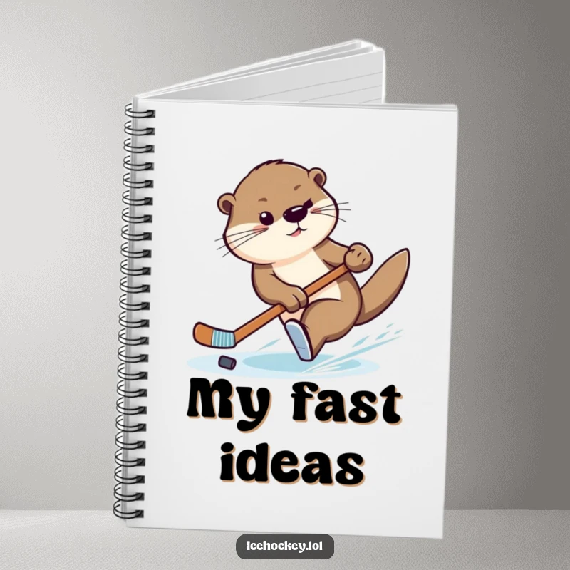 Funny notebook cover with a graceful otter doing a swift turn with a hockey stick, inspiring creative play.
