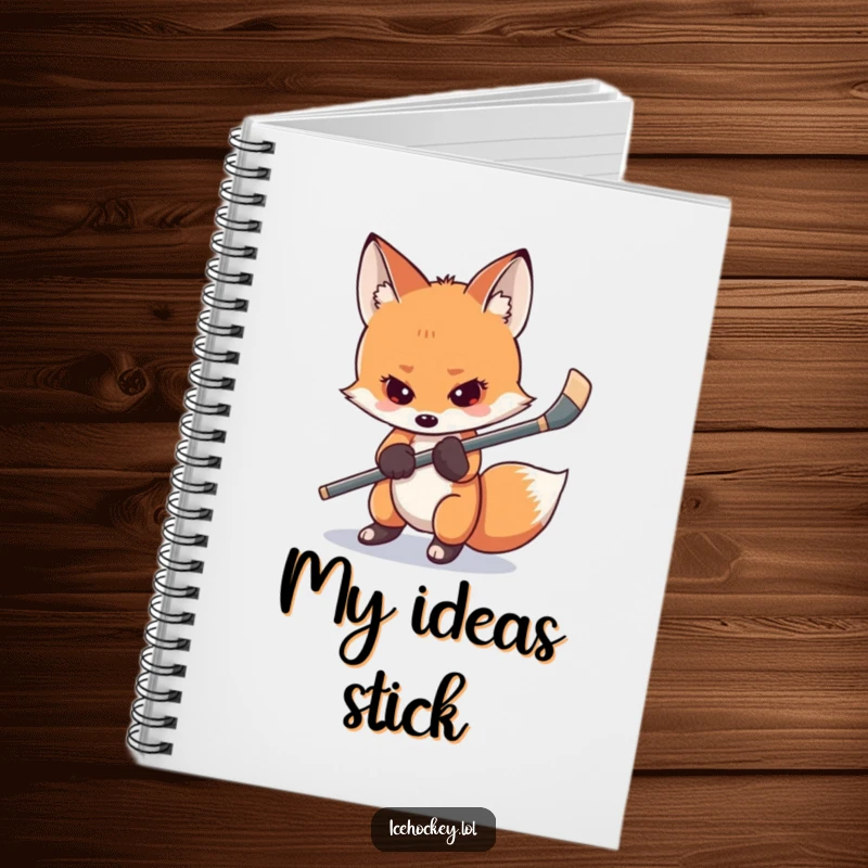 Funny shy fox hockey notebook with a nervous fox gripping its stick, great for planning and brainstorming with a humorous and relatable twist.