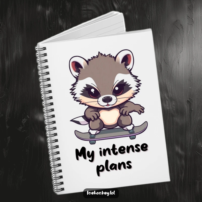 Funny badger notebook cover with a brave badger intensely focused on ice skating, inspiring focused note-taking.