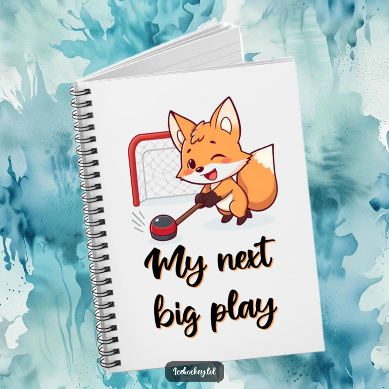 Funny notebook with a determined smiling fox shooting a hockey puck, featuring lined pages for notes and creativity.