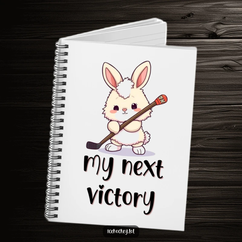 Funny bunny notebook: a fluffy bunny holding a hockey stick, looking ready to play, inspiring focused and humorous entries.