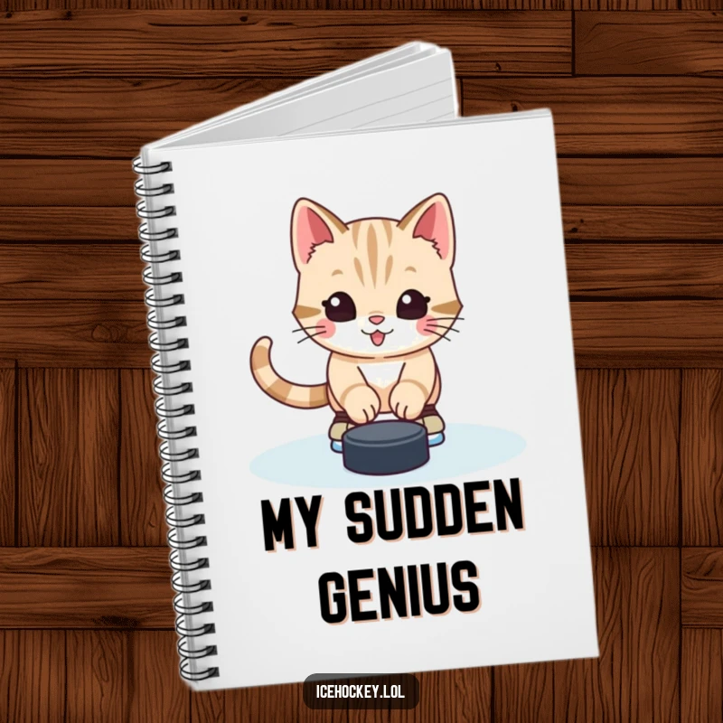 Funny notebook featuring an alert and happy kitten in skates, defending a hockey puck, with lined pages for notes.