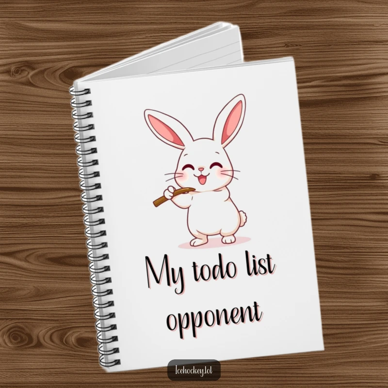 Funny Notebook with a happy rabbit checking an imaginary opponent with its hockey stick, perfect for note-taking.