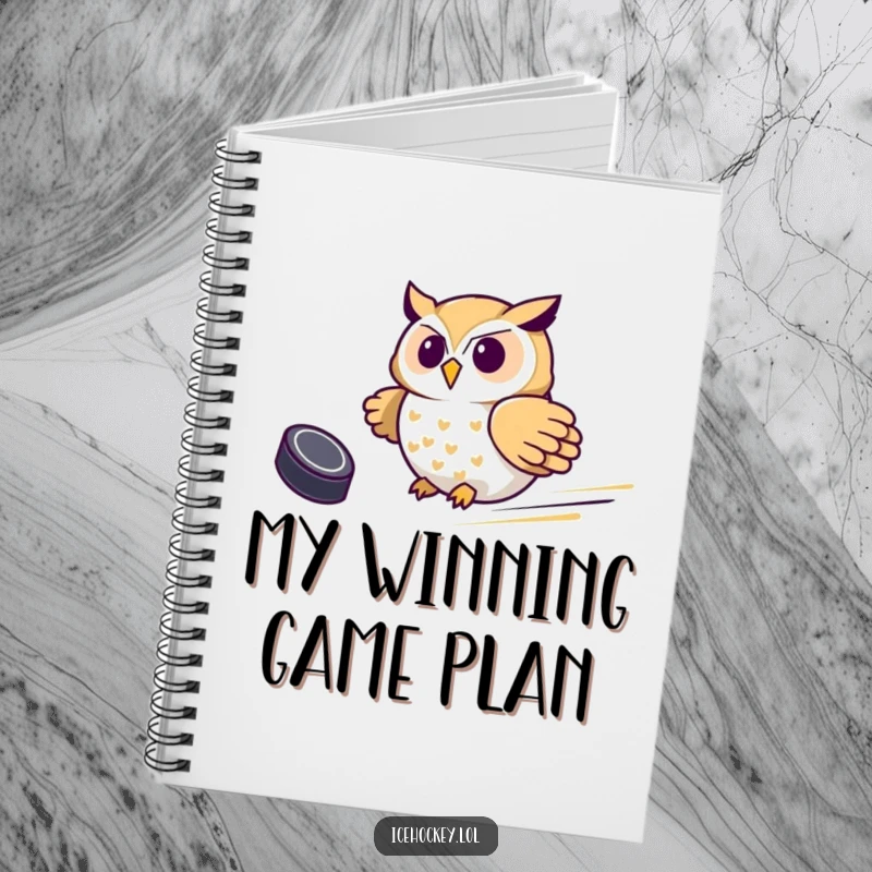 Funny Owl Hockey Notebook, showing a proud owl sliding with a hockey puck, perfect for journaling game strategies with humor.