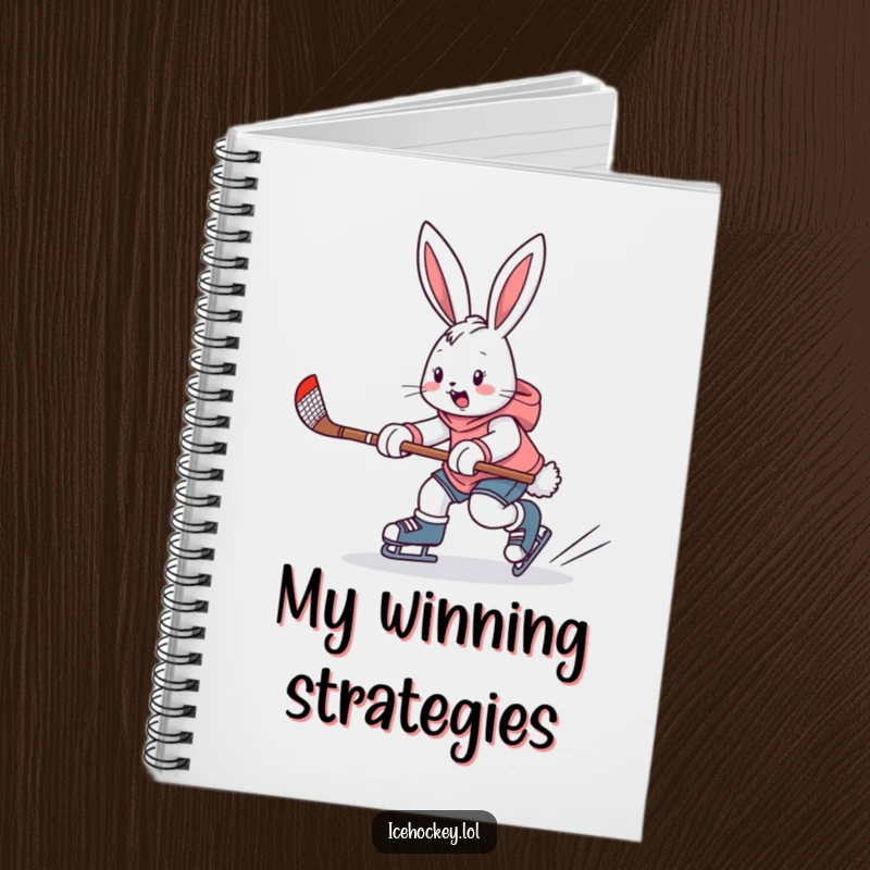 Funny notebook with an enthusiastic bunny skating with a hockey stick, encouraging bold plays and humorous note-taking.