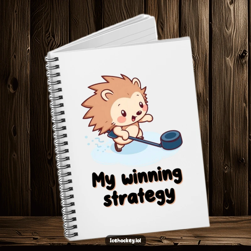 Funny notebook cover with a hedgehog zipping across ice with a puck, inspiring strategic thoughts and lightheartedness.
