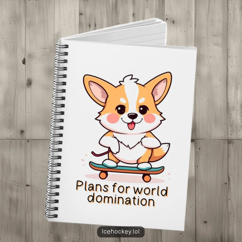 Funny notebook with a determined corgi on roller skates, perfect for jotting down ideas with a humorous touch.