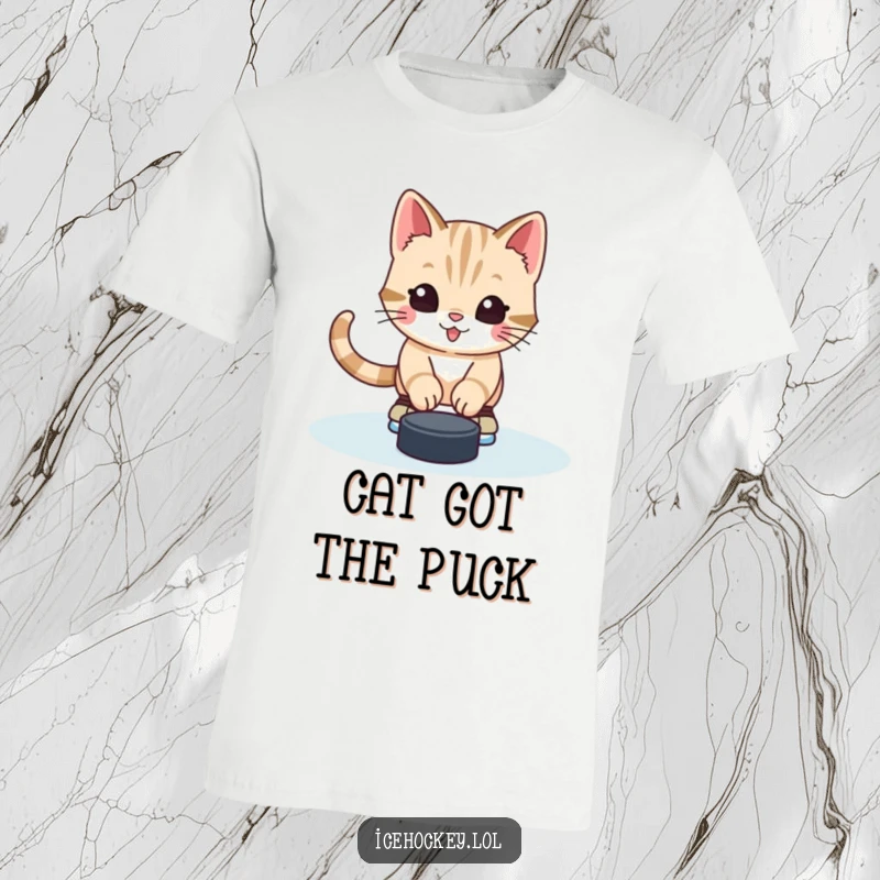 Funny t-shirt featuring an alert, happy kitten in skates, stopping a hockey puck with adorable determination and humor.