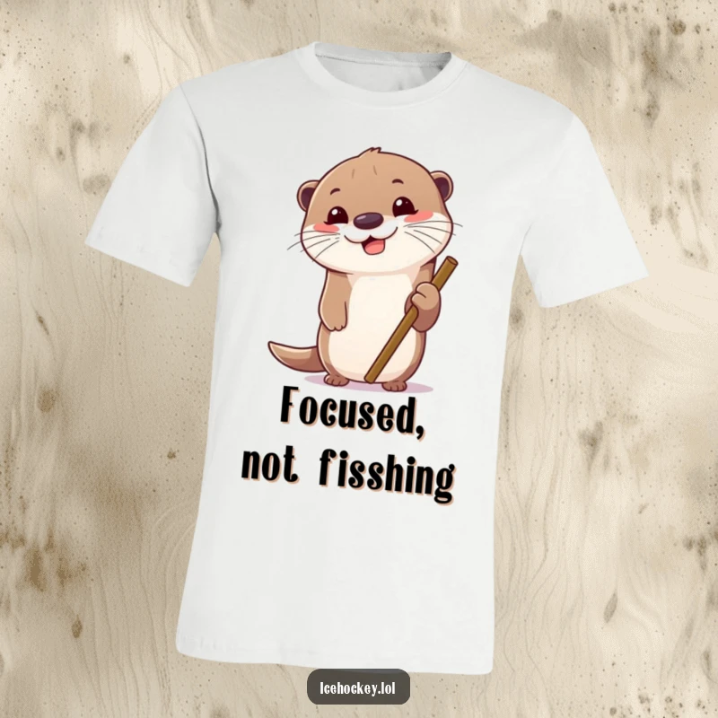 Funny t-shirt with a cheerful otter gripping an ice hockey stick, looking focused and ready to play. A humorous item.